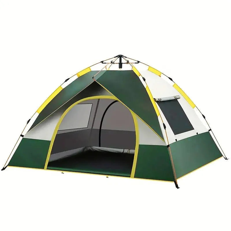 Dark green and silver automatic pop-up camping tent pitched in a field.