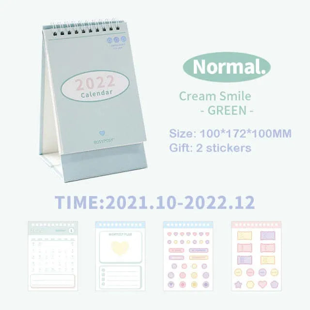 Cream coil-bound desk calendar for 2022, paper, 210g, Regular size 100x100x172mm, on a desk