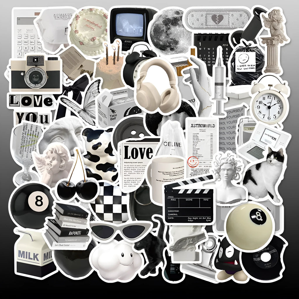61 black and white coffee and tea themed PVC vinyl stickers for decoration.