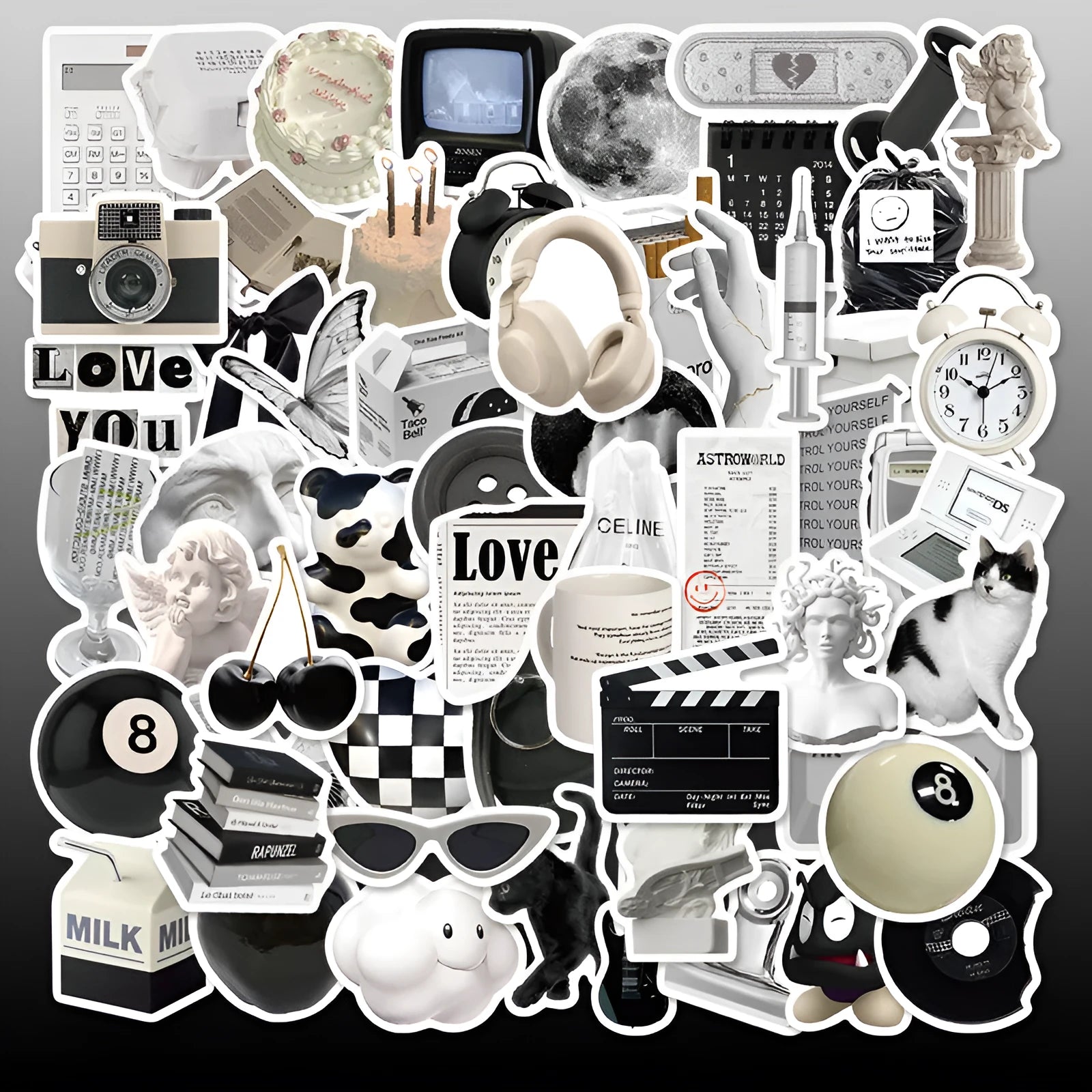 61 black and white coffee and tea themed PVC vinyl stickers for decoration.