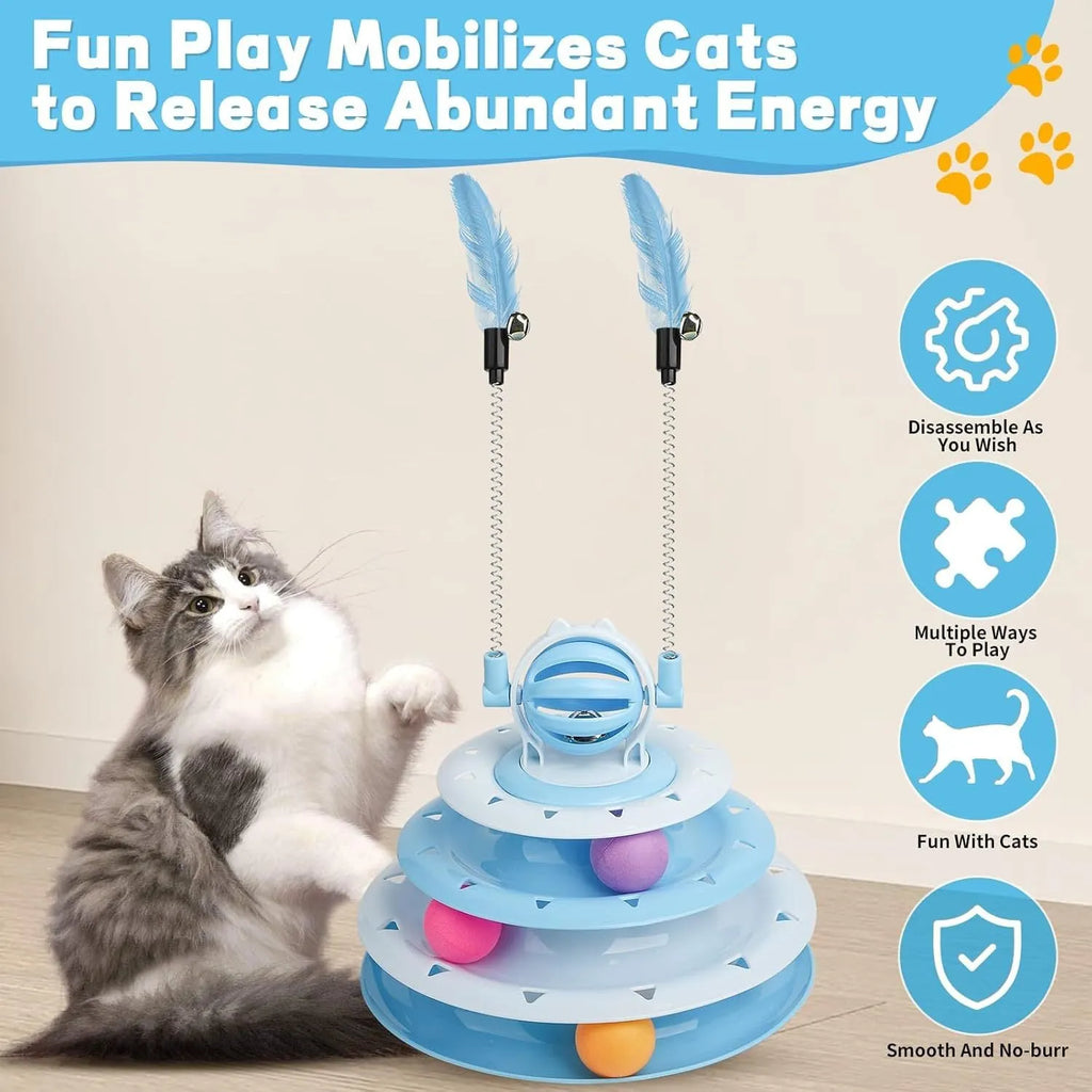 Blue four-tier rotating cat carousel toy with six coloured balls, a top bell, and two teasing rods on a non-slip base.