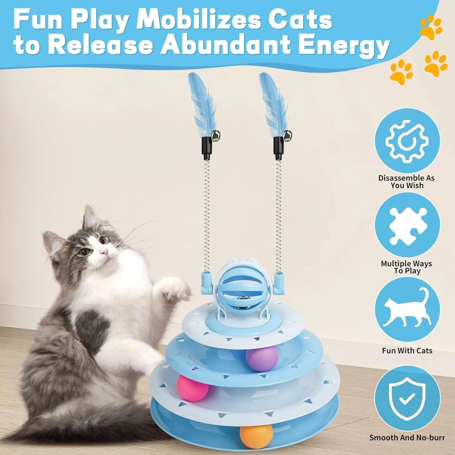 Blue four-tier rotating cat carousel toy with six coloured balls, a top bell, and two teasing rods on a non-slip base.