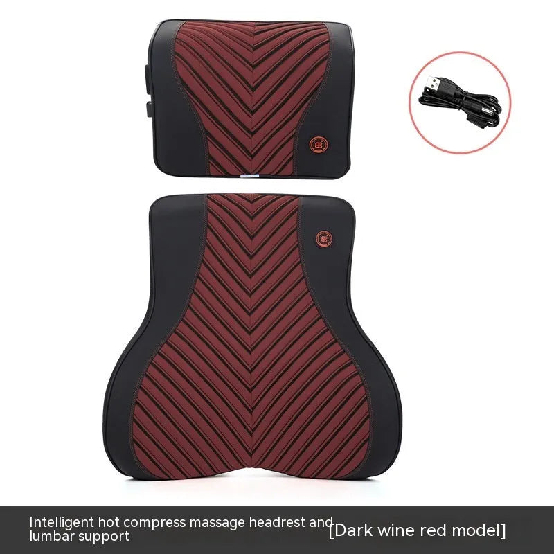 Black and red electric car massage headrest and lumbar support cushion with leather mesh fabric.