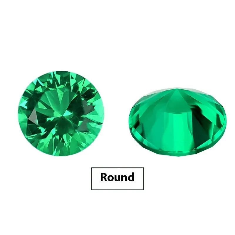 Synthetic emerald gemstone in Columbia green treasure colour showing round and rectangular cut options.