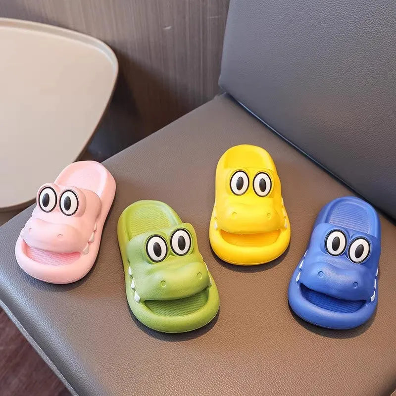 EVA platform parent and child matching sandals in an animal pattern, shown in pink, green, yellow, and blue colour options.