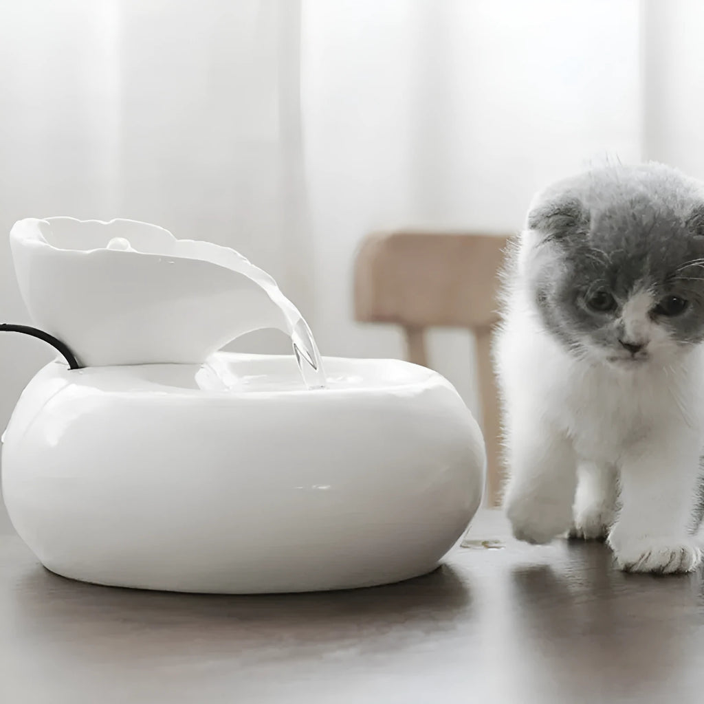 White porcelain leaf-shaped automatic cat water dispenser on floor