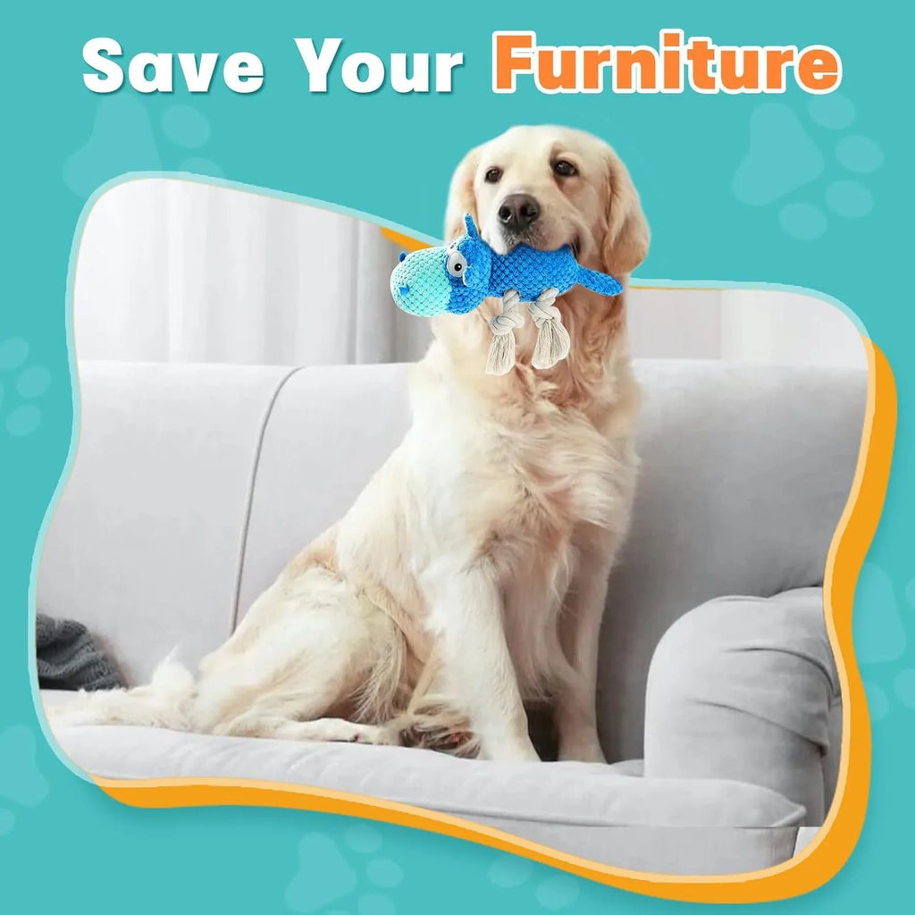 Blue plush dog toy with reinforced seams for aggressive chewers, designed for large breeds like Labrador Retrievers