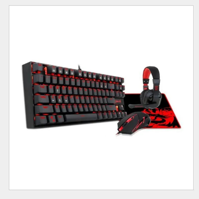 Monochrome luminous wired mechanical green axis keyboard set with mouse and headphones on a desk