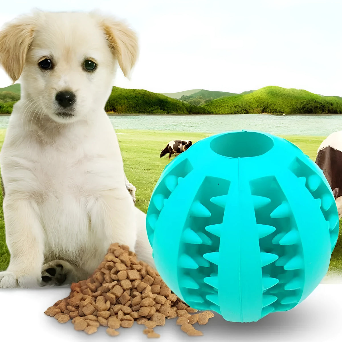 Rubber dog ball toy in blue green red for treat dispensing, slow feeding and tooth cleaning, 5cm and 7cm
