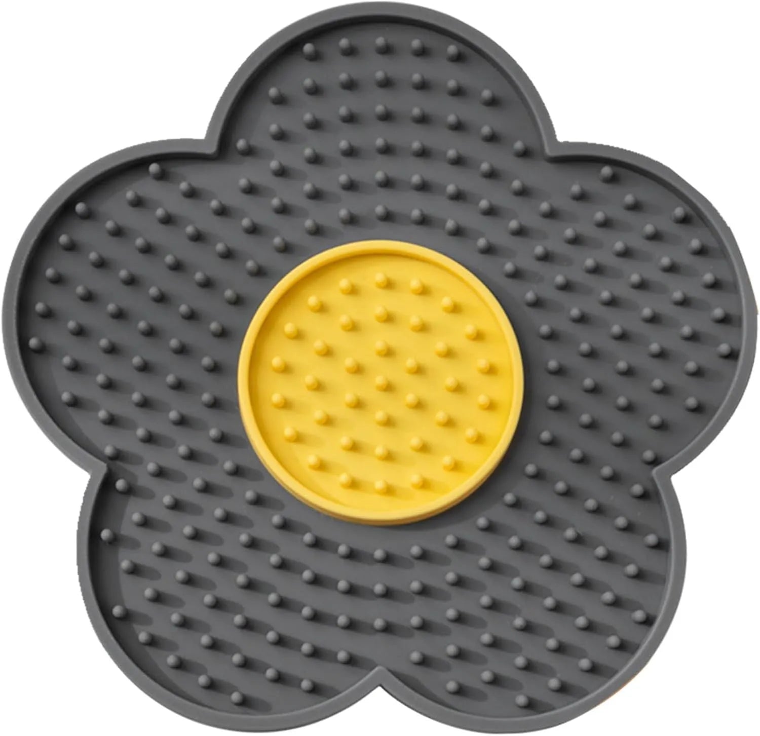 Flower-shaped silicone lick mat for dogs and cats with suction cups on a blue background.