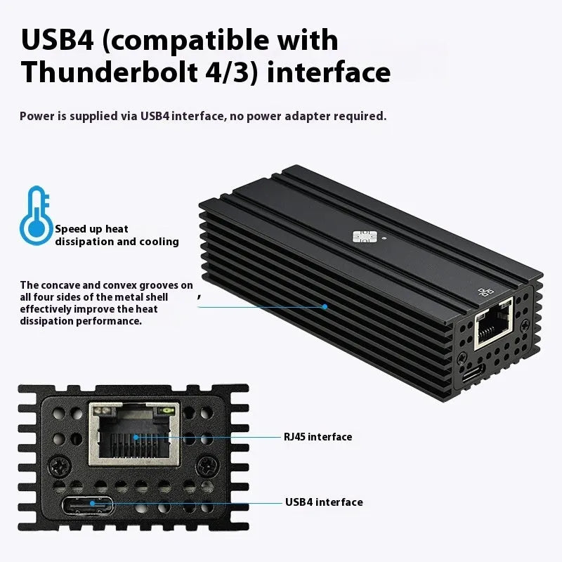 Black Leyu USB4 to RJ45 10 Gigabit Ethernet network adapter with attached USB-C cable.