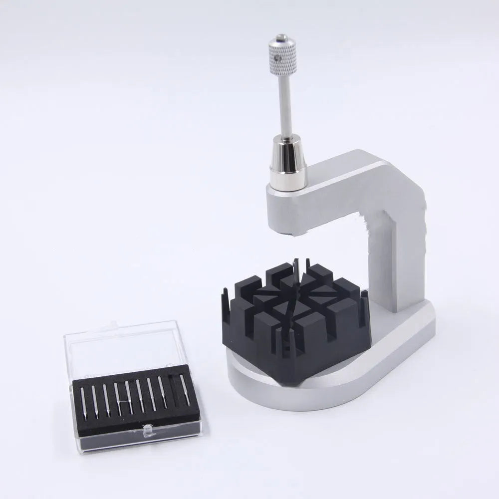 Silver multi-purpose press strap removal tool made from tool steel for watches, jewellery, glasses, and electronics