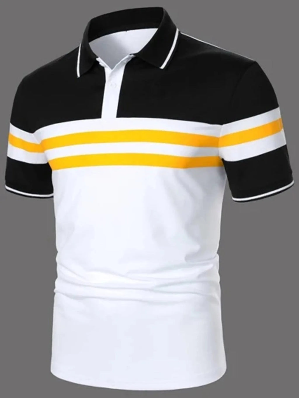 Men's striped white short sleeve button polo shirt with slim fit and slit hem