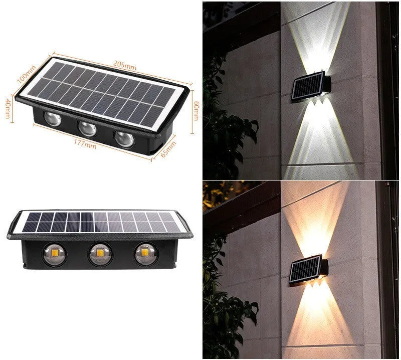 Solar outdoor wall light with 4 LED beads and glass polysilicon panel mounted on a garden wall