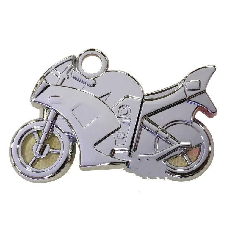 Metal USB 3.0 vehicle-shaped flash drive with necklace loop in silver, displaying scooter design on a white background