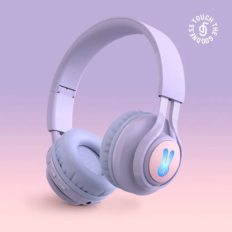 Wireless children's headphones with RGB lighting in bunny purple and pink colour options