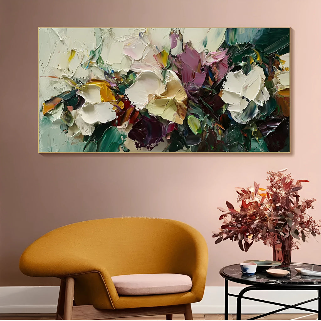 Hand-painted flowers oil painting on canvas, unframed horizontal wall art for home decor