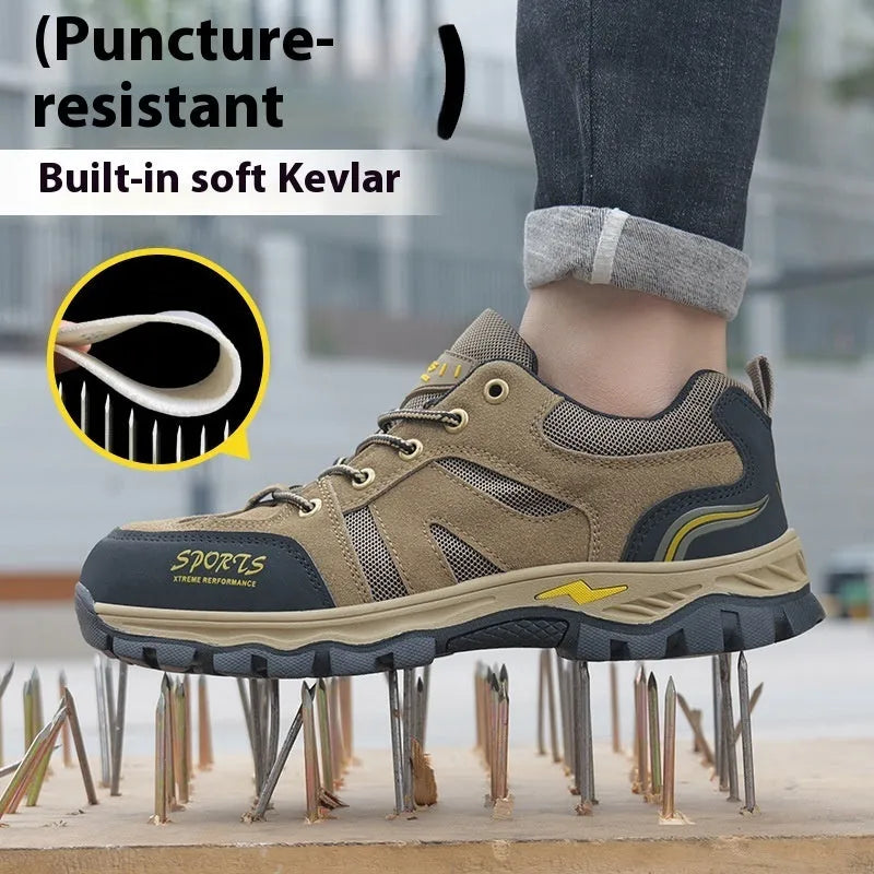 Khaki low top steel toe cap safety shoes with Flyknit upper and rubber sole on grey background