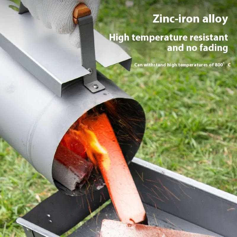 Zinc-iron alloy bamboo charcoal fire barbecue oven igniter with carbon bucket design on a patio.