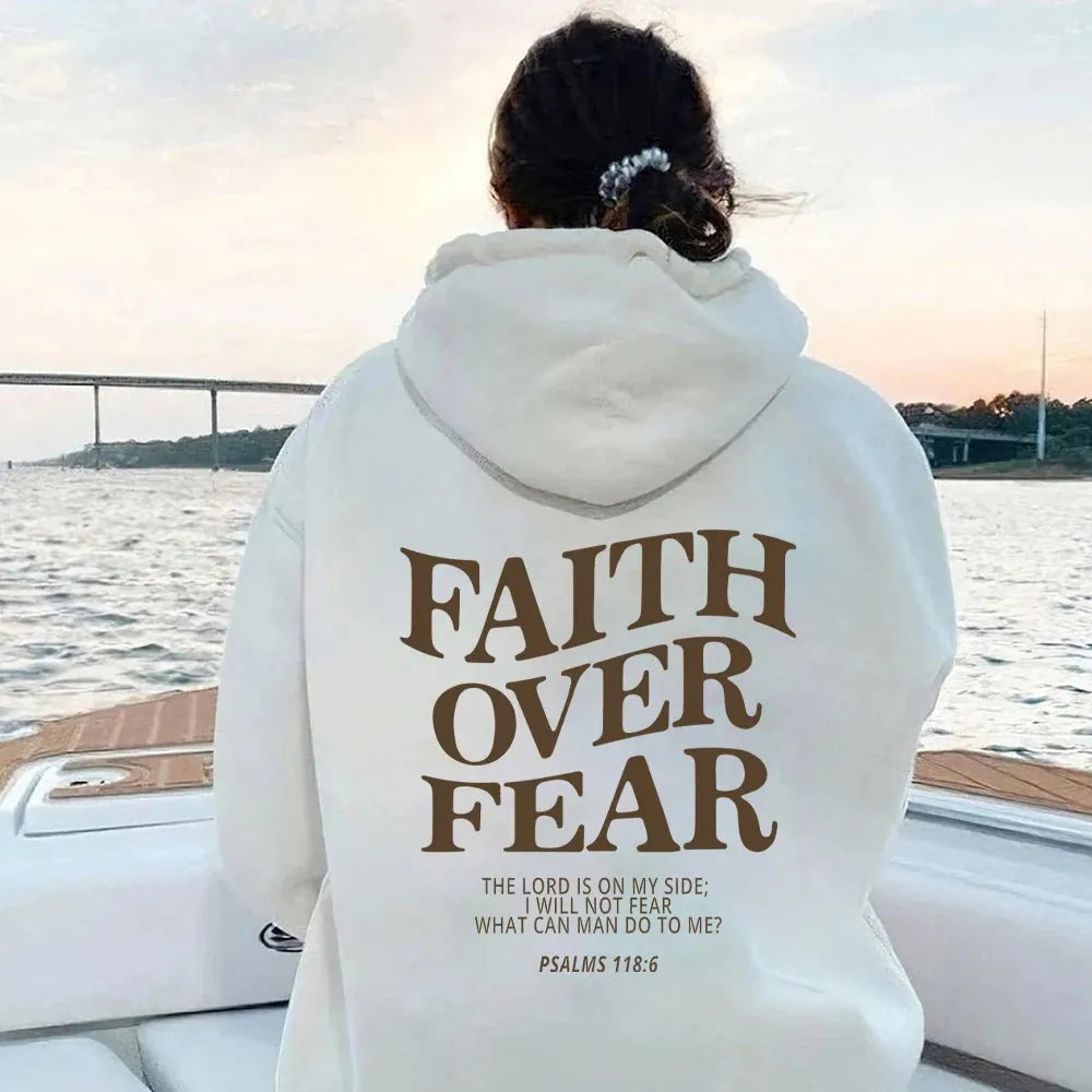 Faith Over Fear Christian hoodie unisex cotton blend pullover with drawstring hood and drop shoulder, shown in light gray.