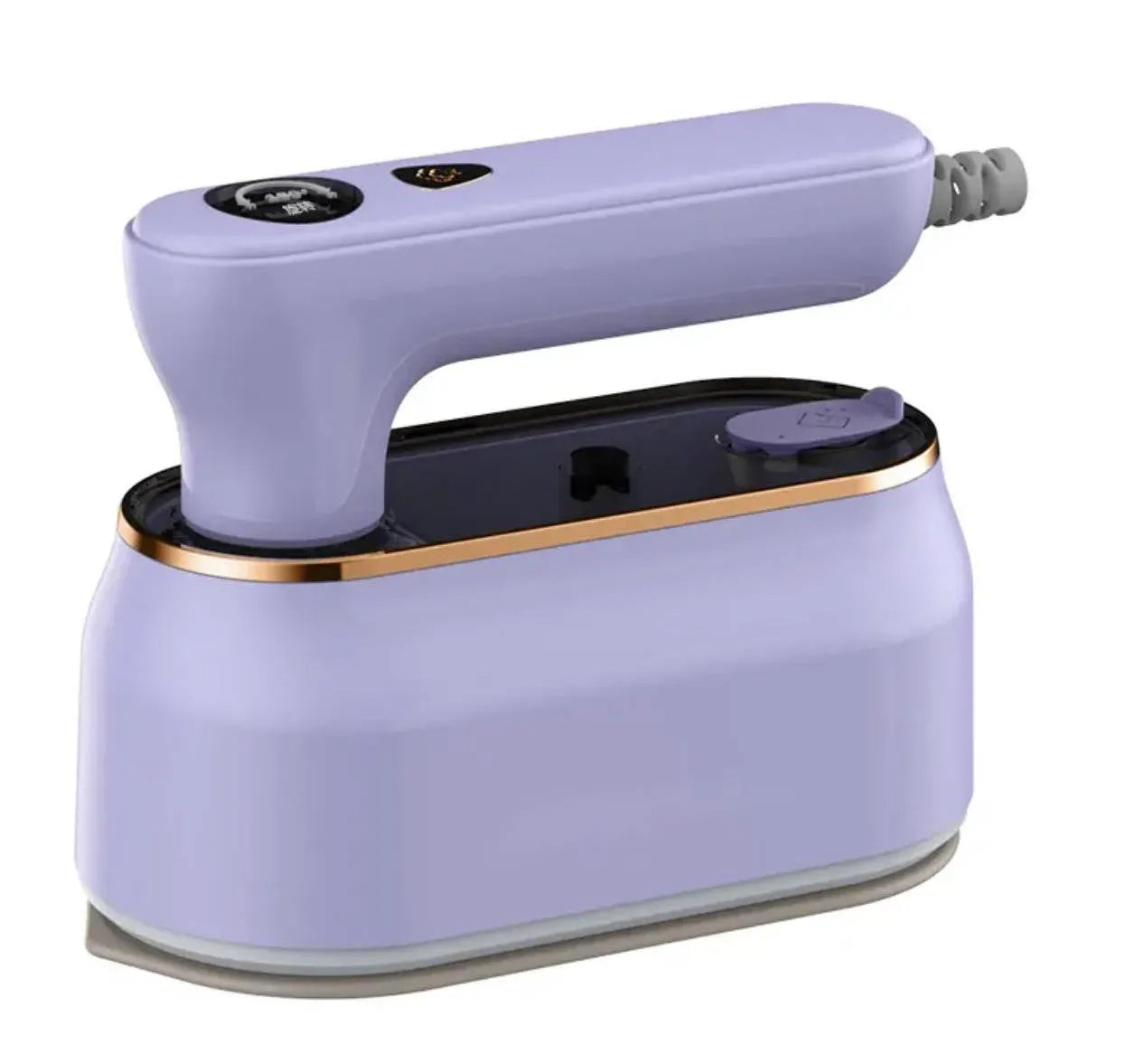 Folding portable steam iron with ceramic soleplate in light purple colour showing compact travel design