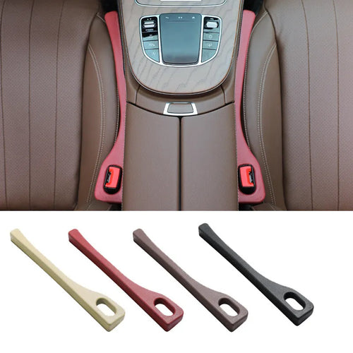 Polyurethane car seat gap filler strip in black colour, shown next to a vehicle centre console.