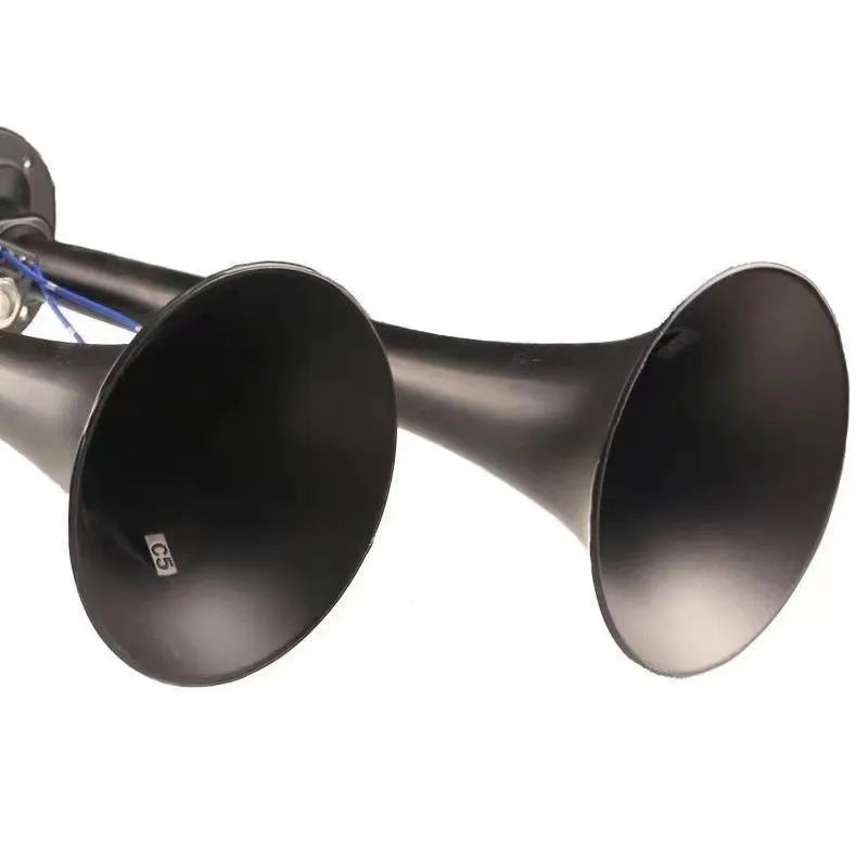Black dual trumpet air horn and compressor kit for 12V and 24V vehicle installation