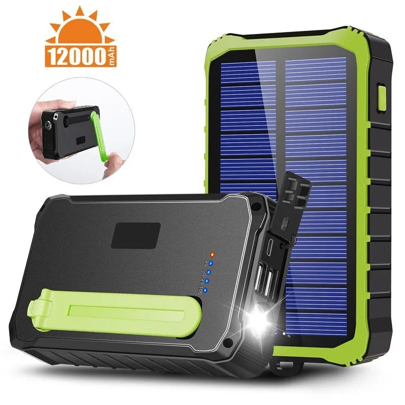 Green and orange hand crank solar power bank with unfolded solar panel and dual USB ports