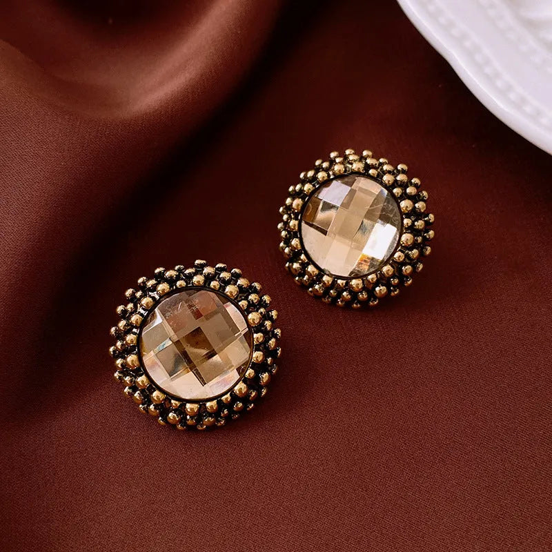 Women's silver needle flower earrings in alloy with electroplated gold finish, geometric Chinese style