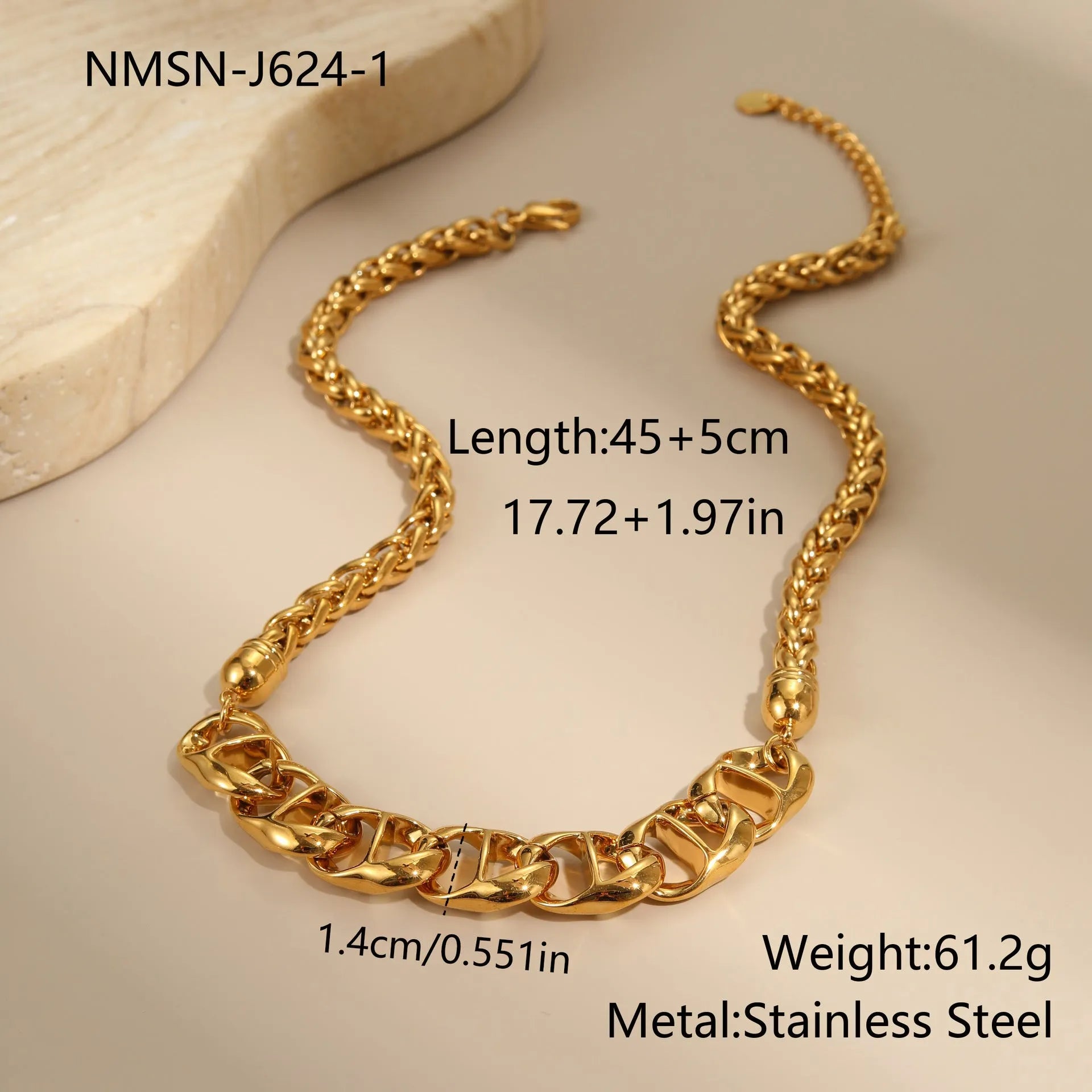 Stainless steel geometric pendant necklace with gold electroplated finish on a regular chain.