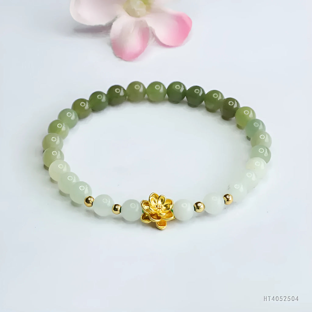 Hetian jade bracelet with water gradient colour and floral beads in ancient national style