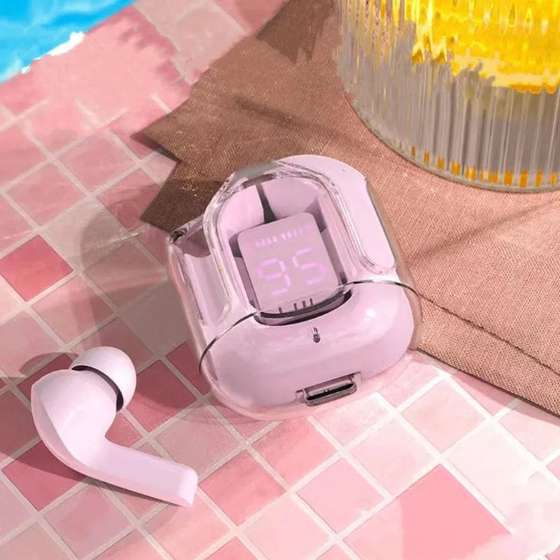 Transparent space capsule case true wireless headphones with digital battery display in multiple colours