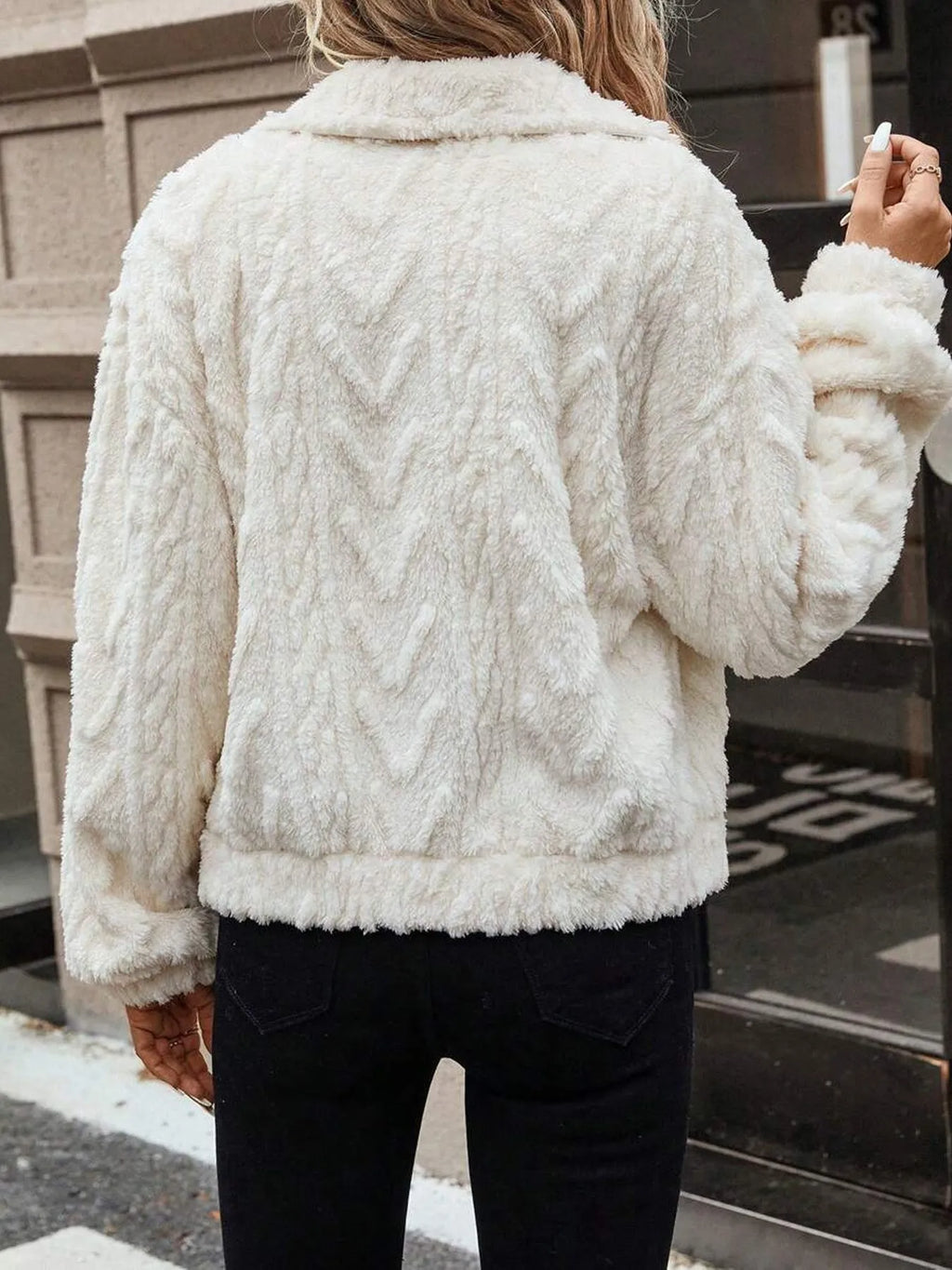 Women's ivory white double-sided plush button cardigan with long sleeves