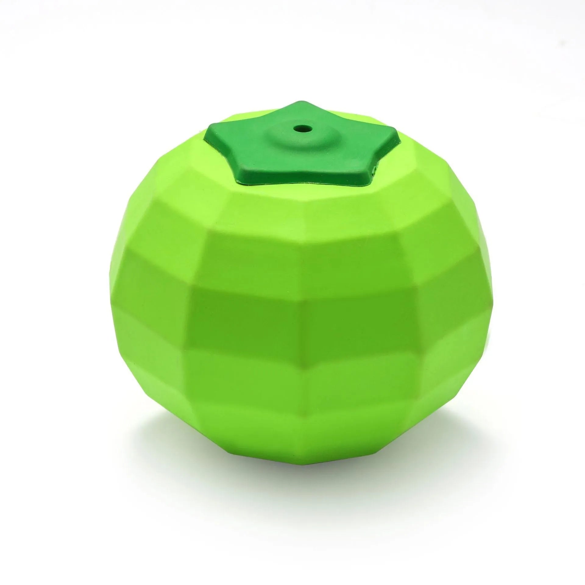 Green natural rubber squeaky dog chew ball for large aggressive chewers on a white background.
