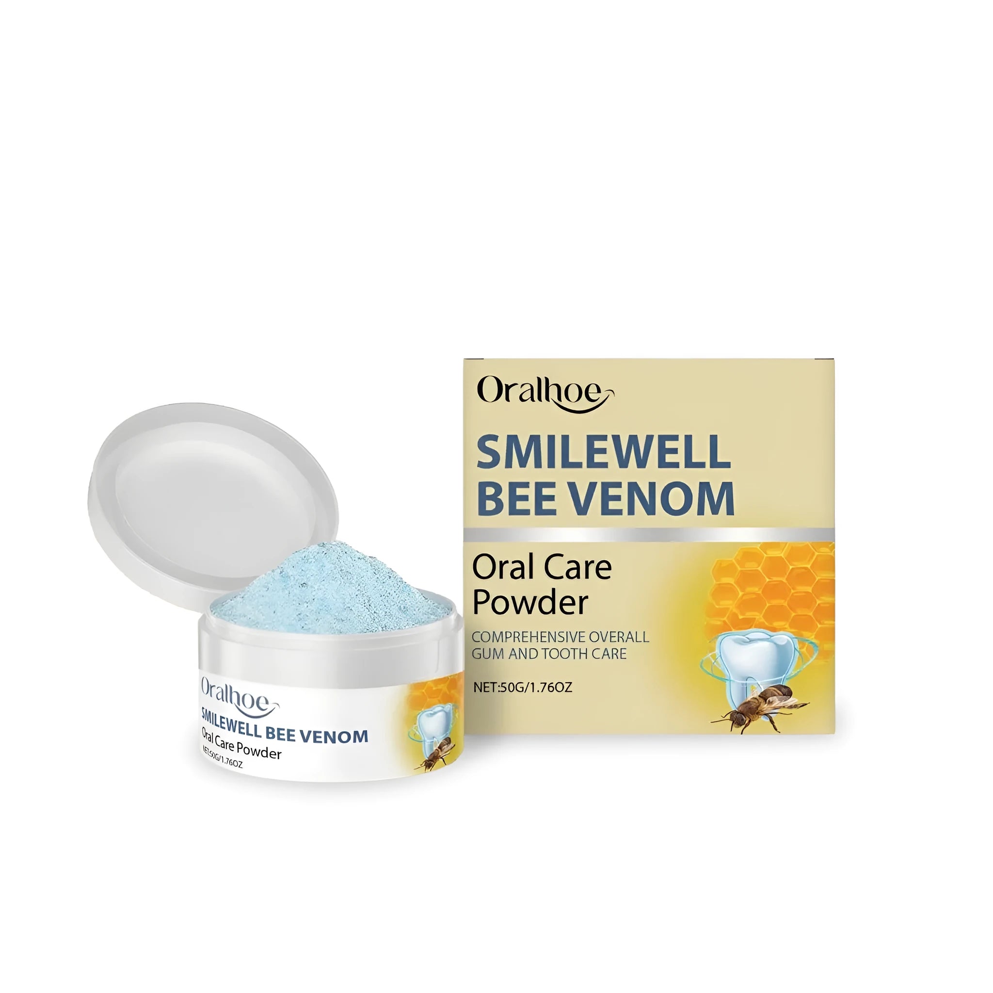 50g container of natural tooth powder with sodium bicarbonate and mint leaf extract