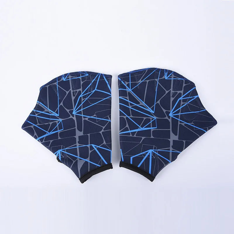 Nylon duck feet webbed swimming gloves in multiple colour prints showing finger webbing design