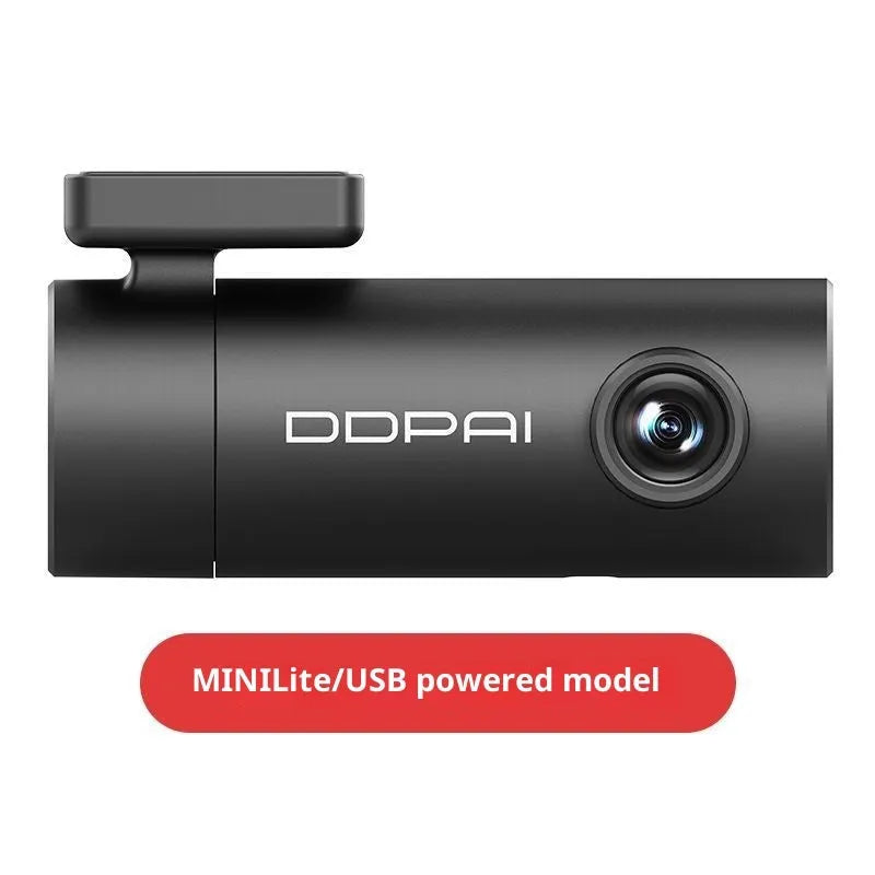 Mini Lite 1296p driving recorder with starlight night vision, 140-degree lens, and microUSB port on a car windscreen
