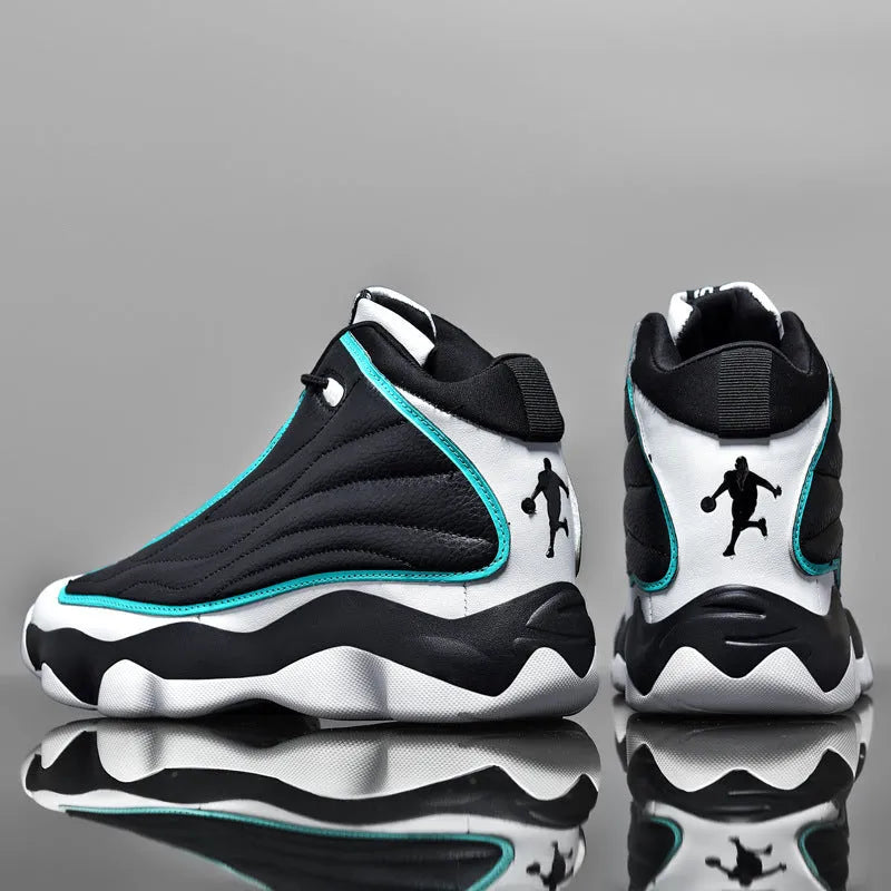 High-top basketball shoes in AJ13 colours with thick rubber sole and mesh upper