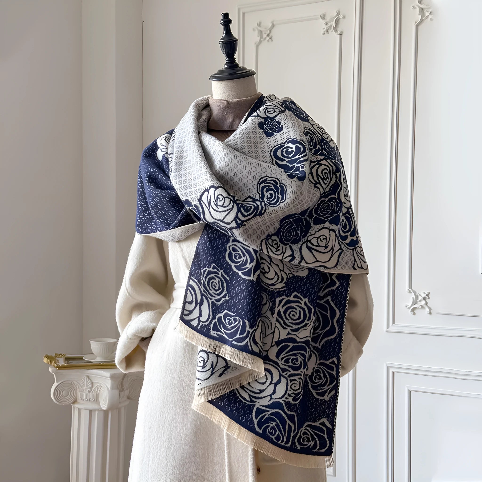 Imitation cashmere winter scarf with tassels in grey colour showing 185cm length