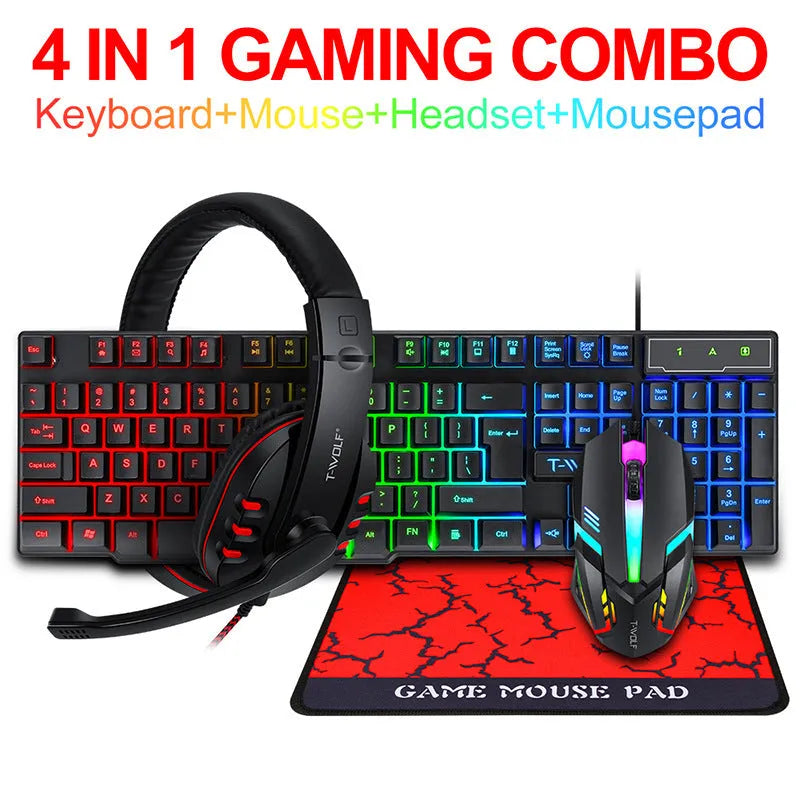 Thunder Wolf T800 wired gaming bundle showing keyboard, mouse, headset, and mouse mat with RGB lighting