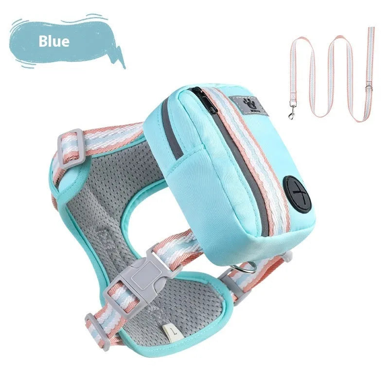 Pink explosion-proof anti-strangulation dog harness with quick-release buckle and attached lead on a dog.