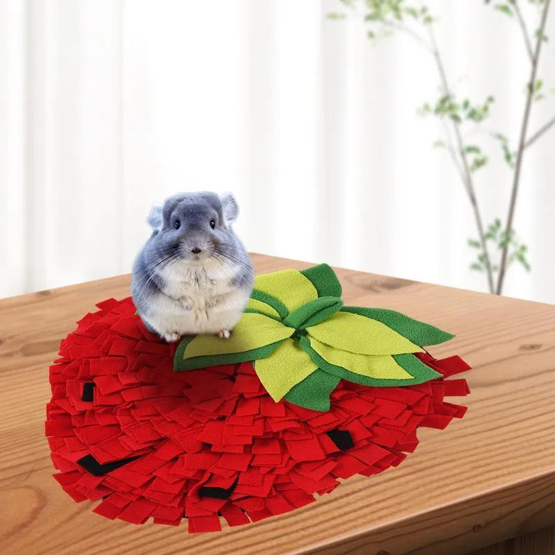 Red strawberry-shaped snuffle mat for dogs and cats as a slow feeder foraging toy.