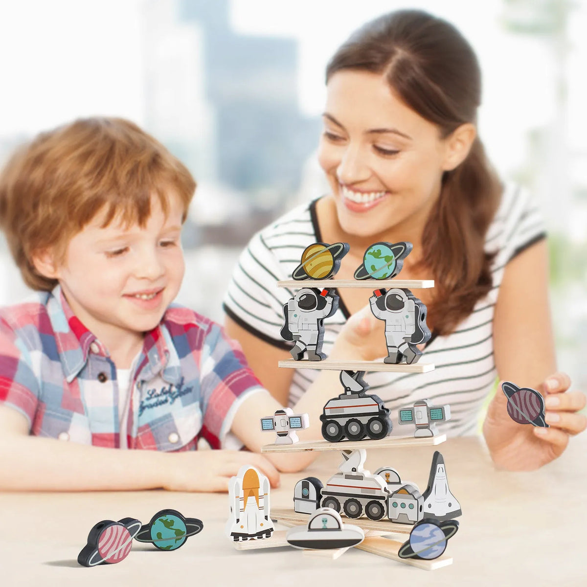 Wooden astronaut starry sky stacking building blocks toy in colour box for children aged 4-6