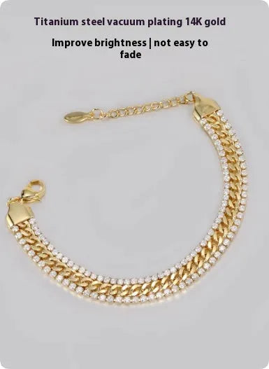 Gold tennis bracelet with hip hop styling featuring titanium steel construction and artificial gemstone inlay