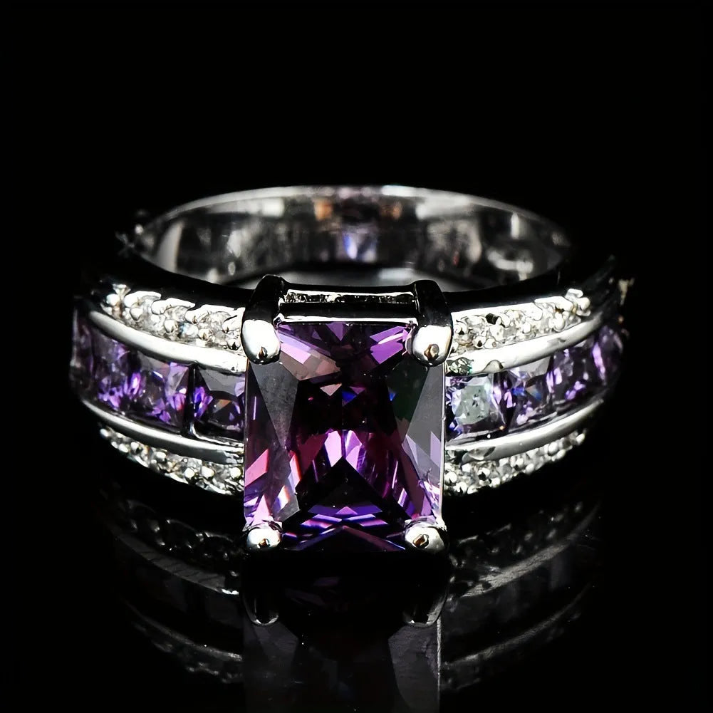 Personalised zinc alloy ring with cubic zirconia stones in sunflower blue, square blue, or square purple designs