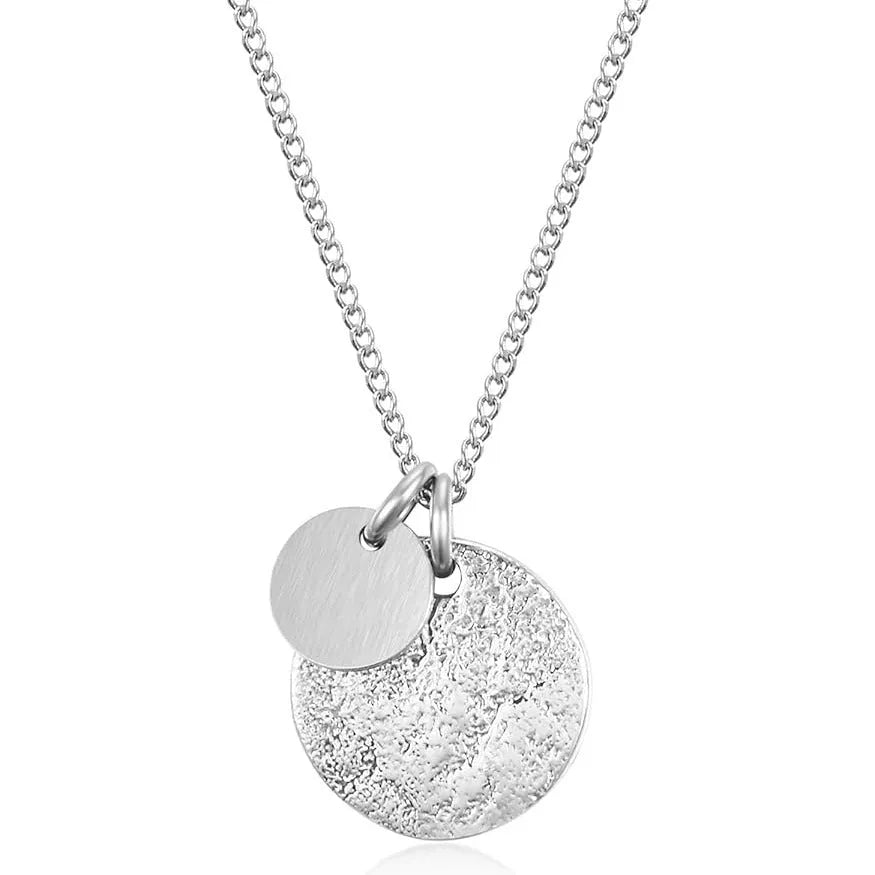 Round coin pendant necklace in gold finish on white background, adjustable 41-50cm stainless steel side chain