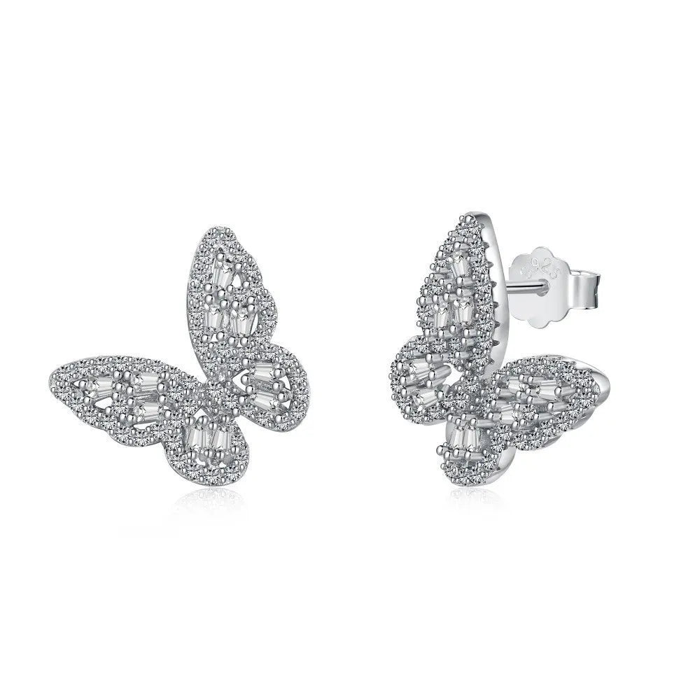 S925 sterling silver stud earrings with zircon inlay, platinum electroplated finish, geometric shape
