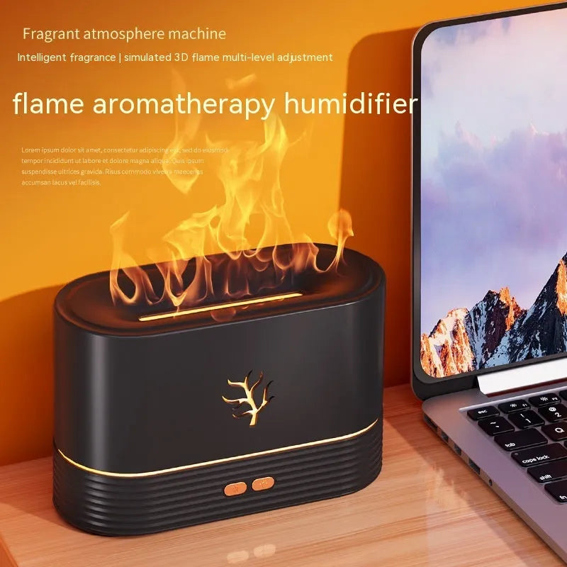 Square black or white USB flame humidifier with LED fire simulation effects and aromatherapy function