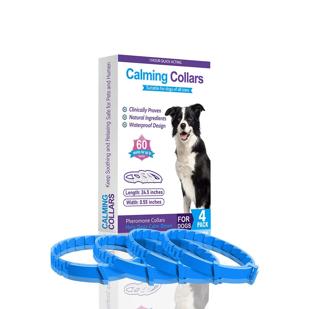 Four monochrome dog calming collars in assorted colours, adjustable up to 62cm for anxiety relief.