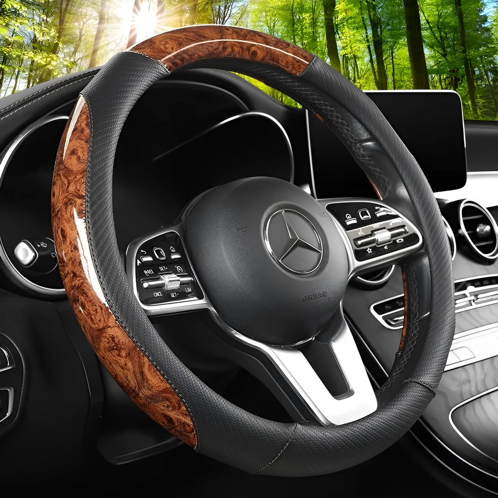 Universal car steering wheel cover in crystal leather-look finish, round or D type, black red colourway